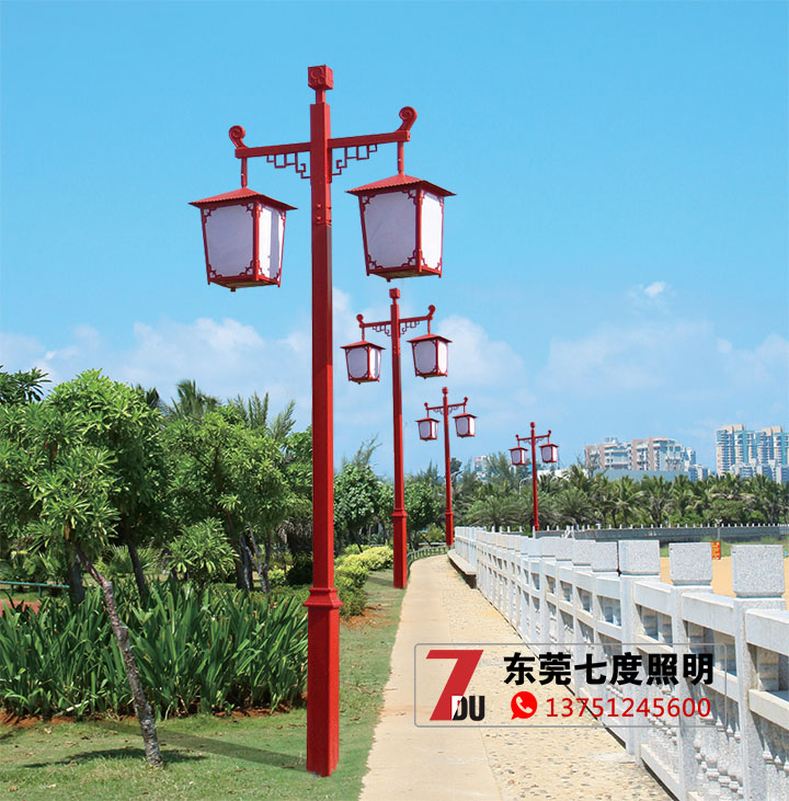 3米公園雙頭中式紅仿古庭院燈安裝效果實(shí)拍圖片